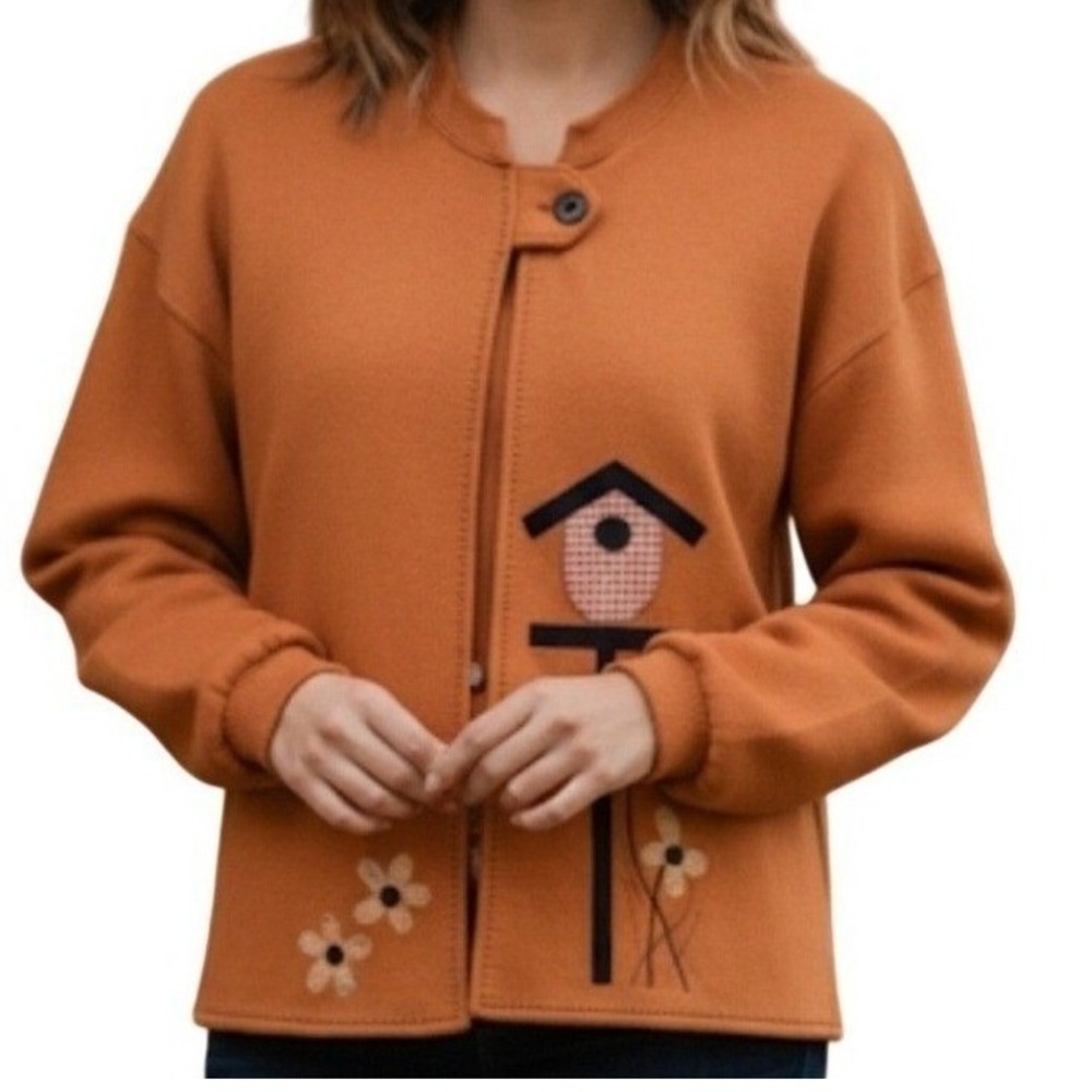 VTG Jerzees Womens Fall Birdhouse Sweatshirt 1-Button Cardigan Cotton Orange XL